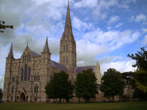 View of Salisbury Cathedral and spire