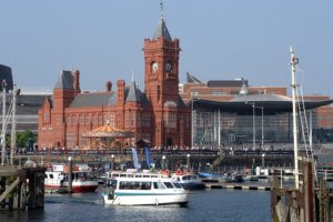 View of the Pierhead building in Cardiff Bay from the water