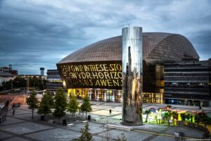 View of the Milennium Centre in Cardiff Bay at dusk