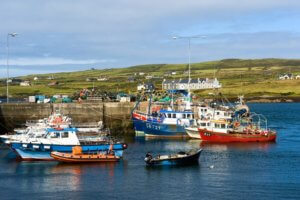 Fishing boats in a harbour with fields and cottages beyond