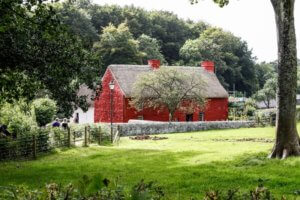 Cottage painted bright red in the St Fagans National Museum, Wales