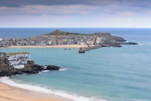 St Ives town and harbour viewed from above Porthminster beach.