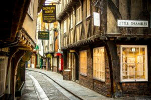 The Shambles is an old street in York, England, with overhanging timber-framed buildings, some dating back as far as the fourteenth century. This image must be reproduced with the credit 'VistBritain/Andrew Pickett'
